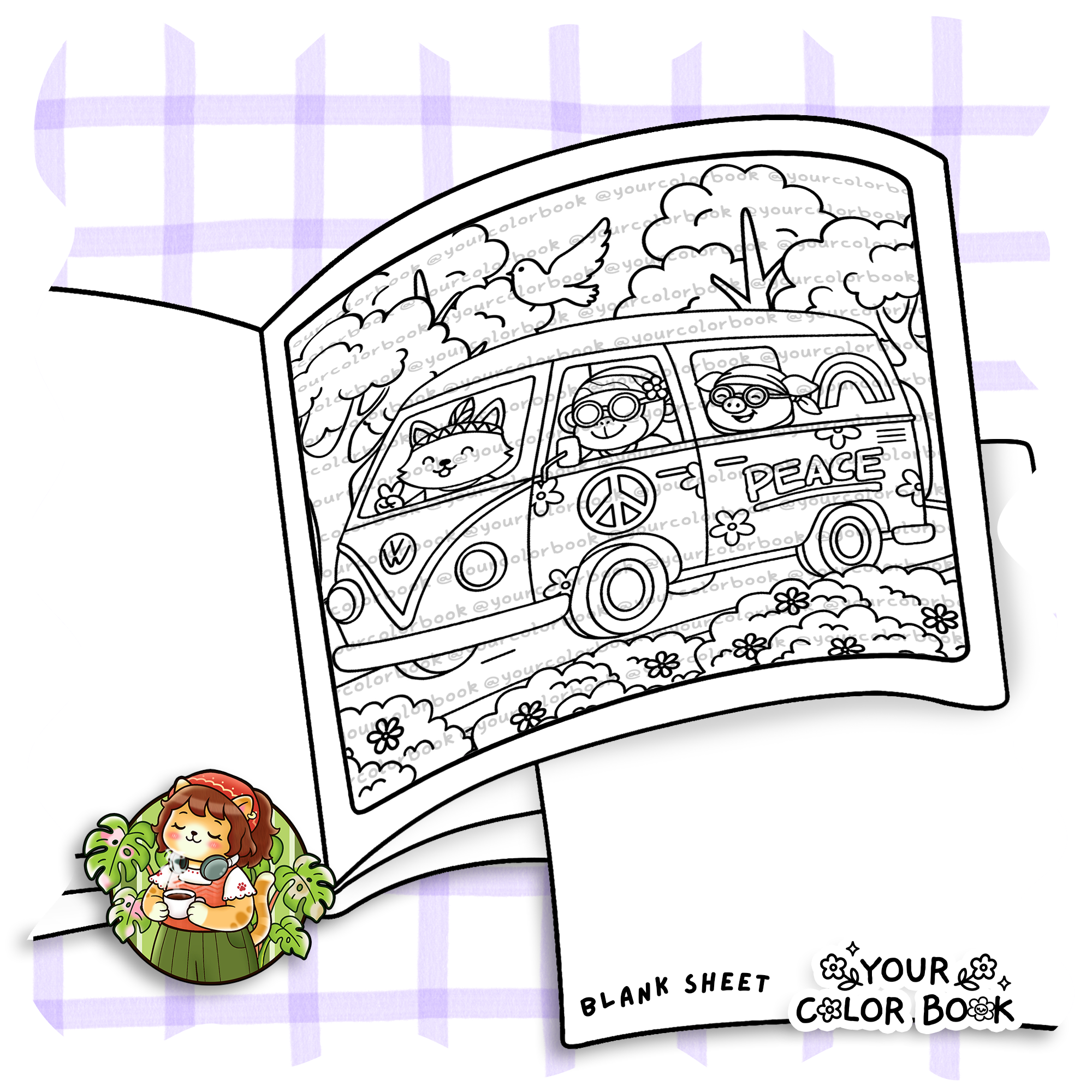 Flower Child Coloring Book - Hippie Animals, Groovy Outfits, Peace Sign Illustrations Flower Child Coloring Book - Hippie Animals, Groovy Outfits, Peace Sign Illustrations